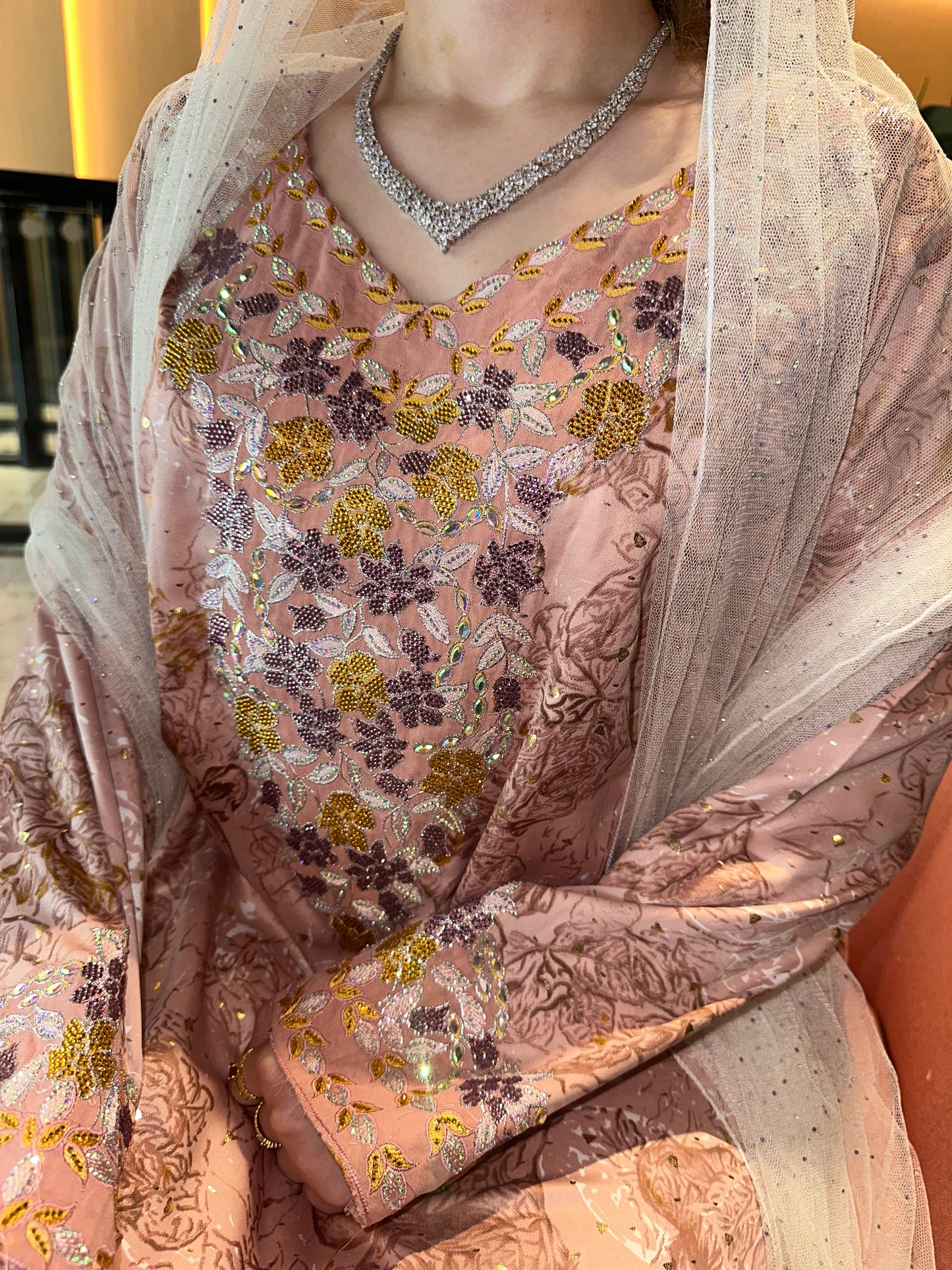 Pink enzeray mkhwar with chiffon Sheila