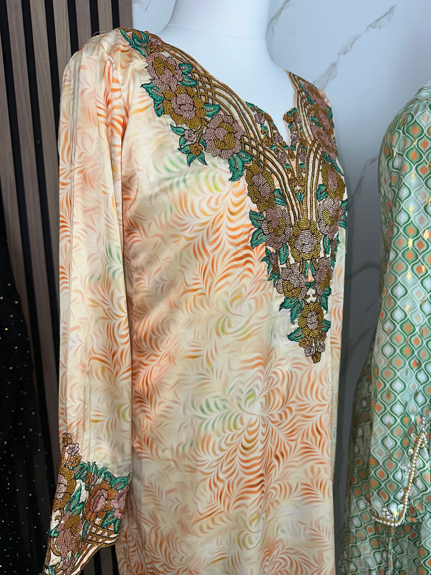 Creamy and and green mukhawar pure silk with corset