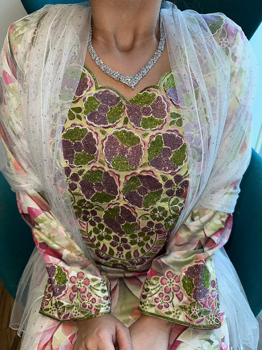 Purple and green pure silk mkhawar 3D