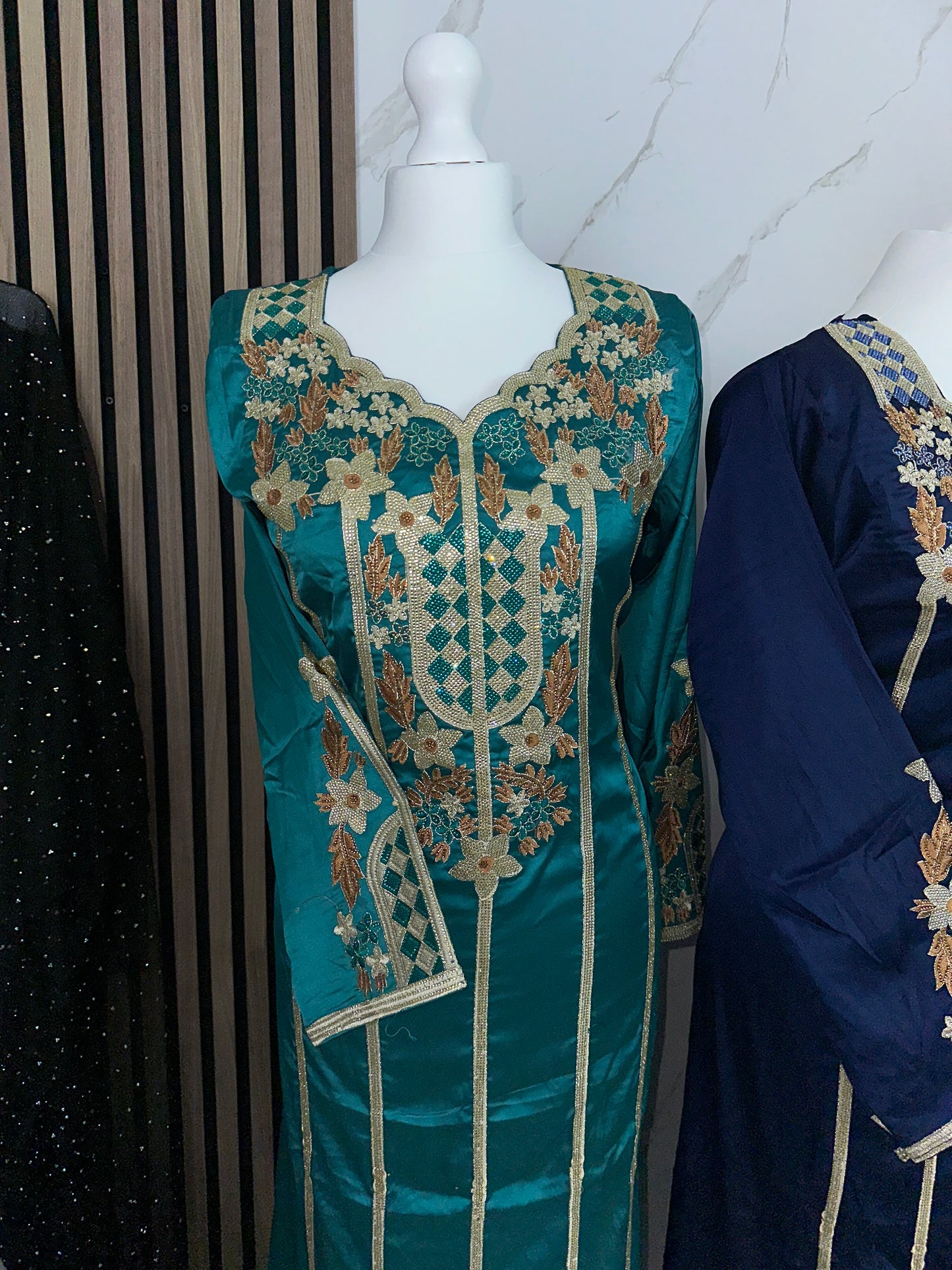 Turquoise color mkhawar silk material