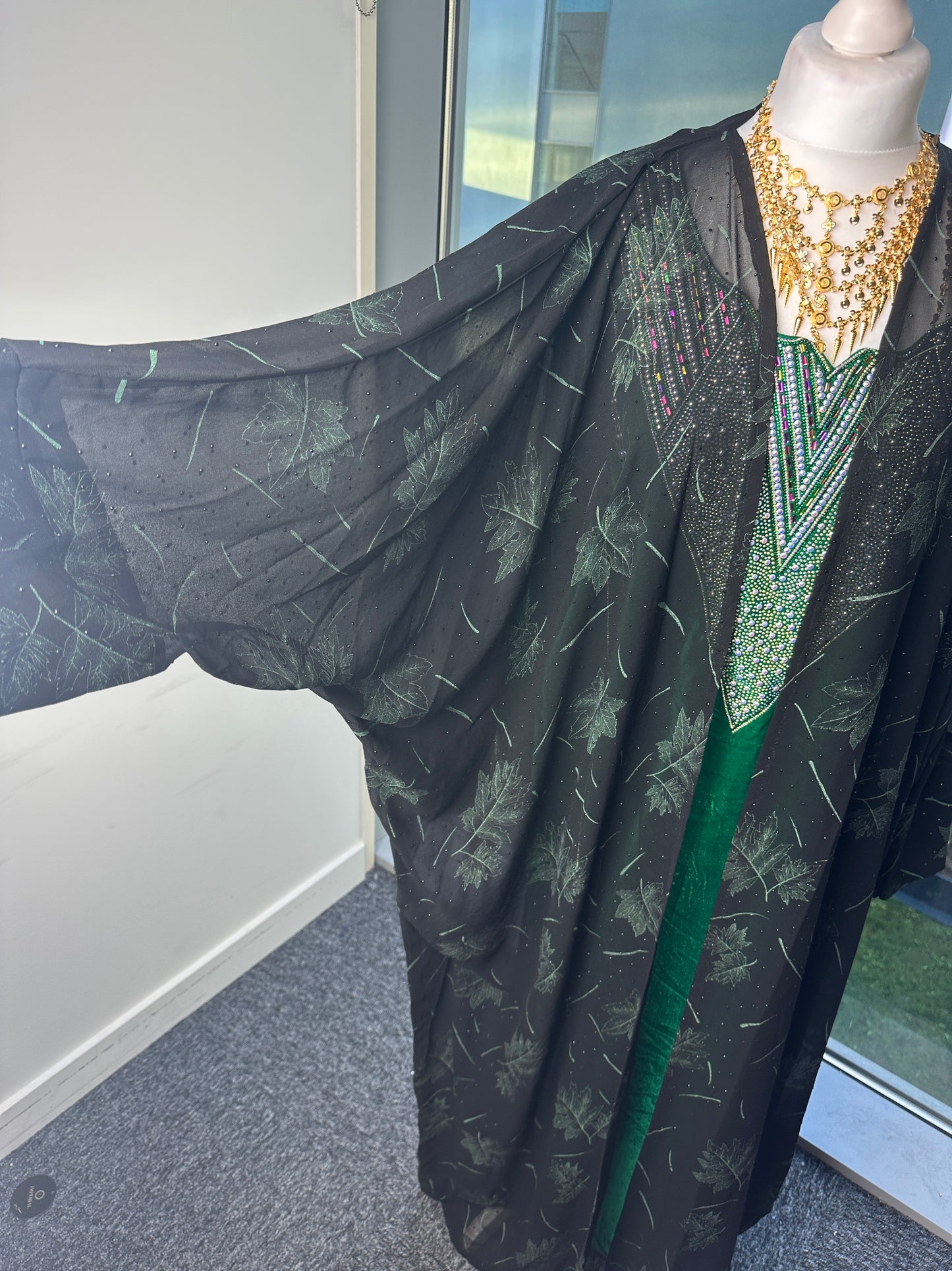 Green leaf chiffon winged sleeve abaya with matching Sheila