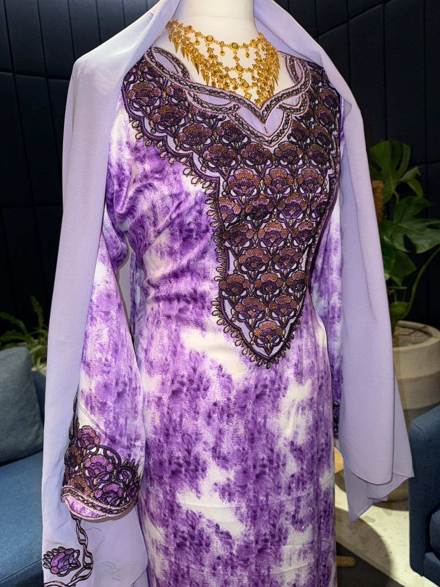Purple mukhawar with hijab and back corset