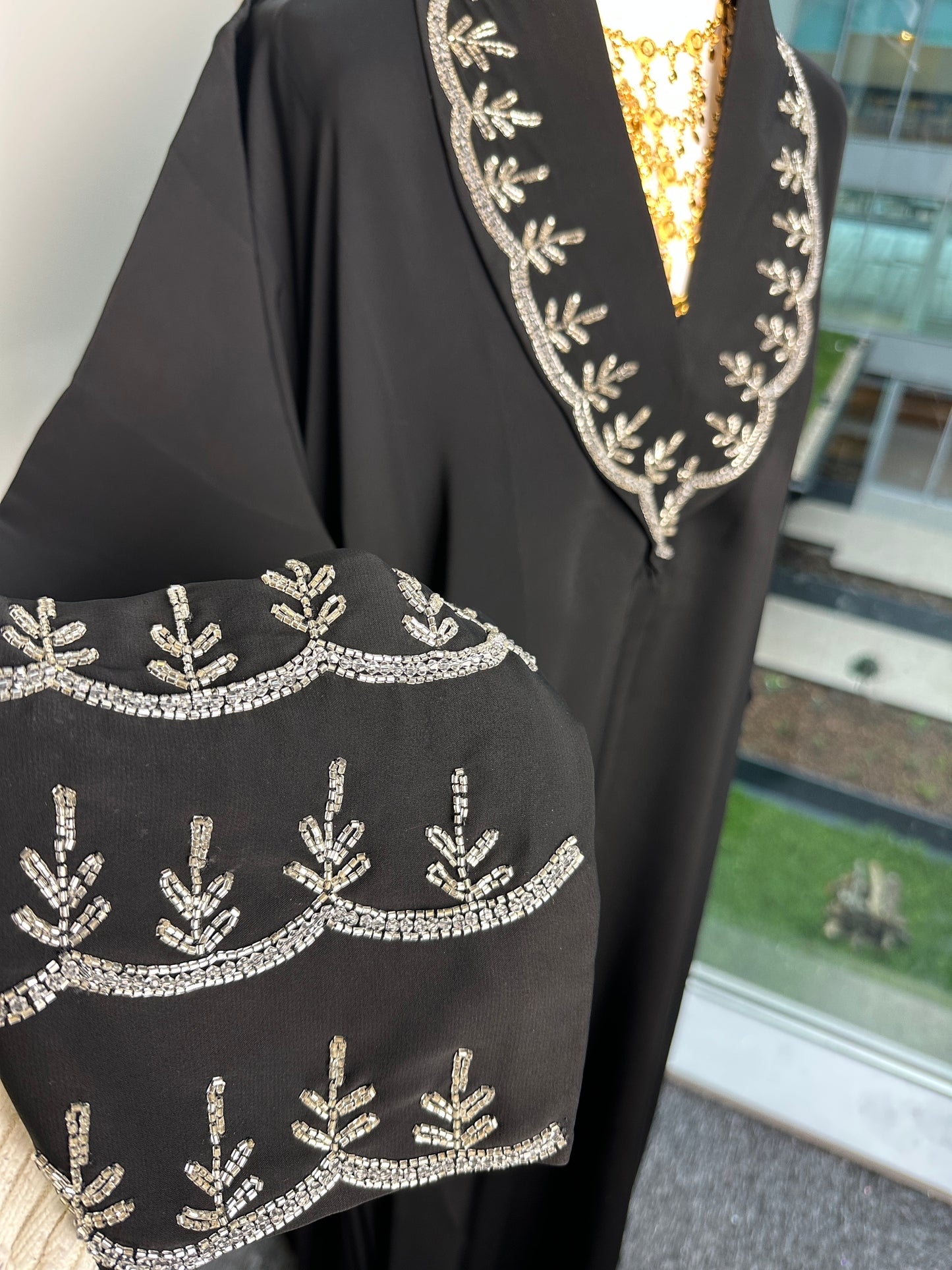 Silver collar abaya with side pleats and hijab