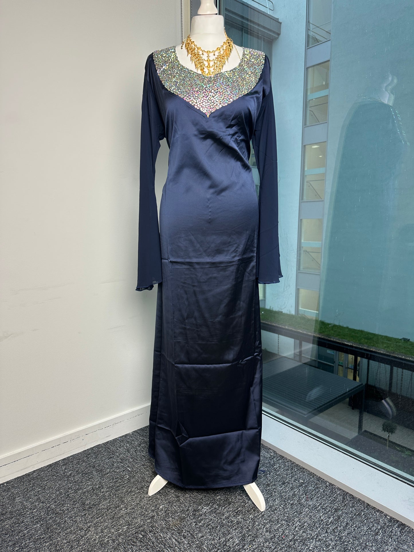 Navy blue low cut silk dress with chiffon sleeves with pockets