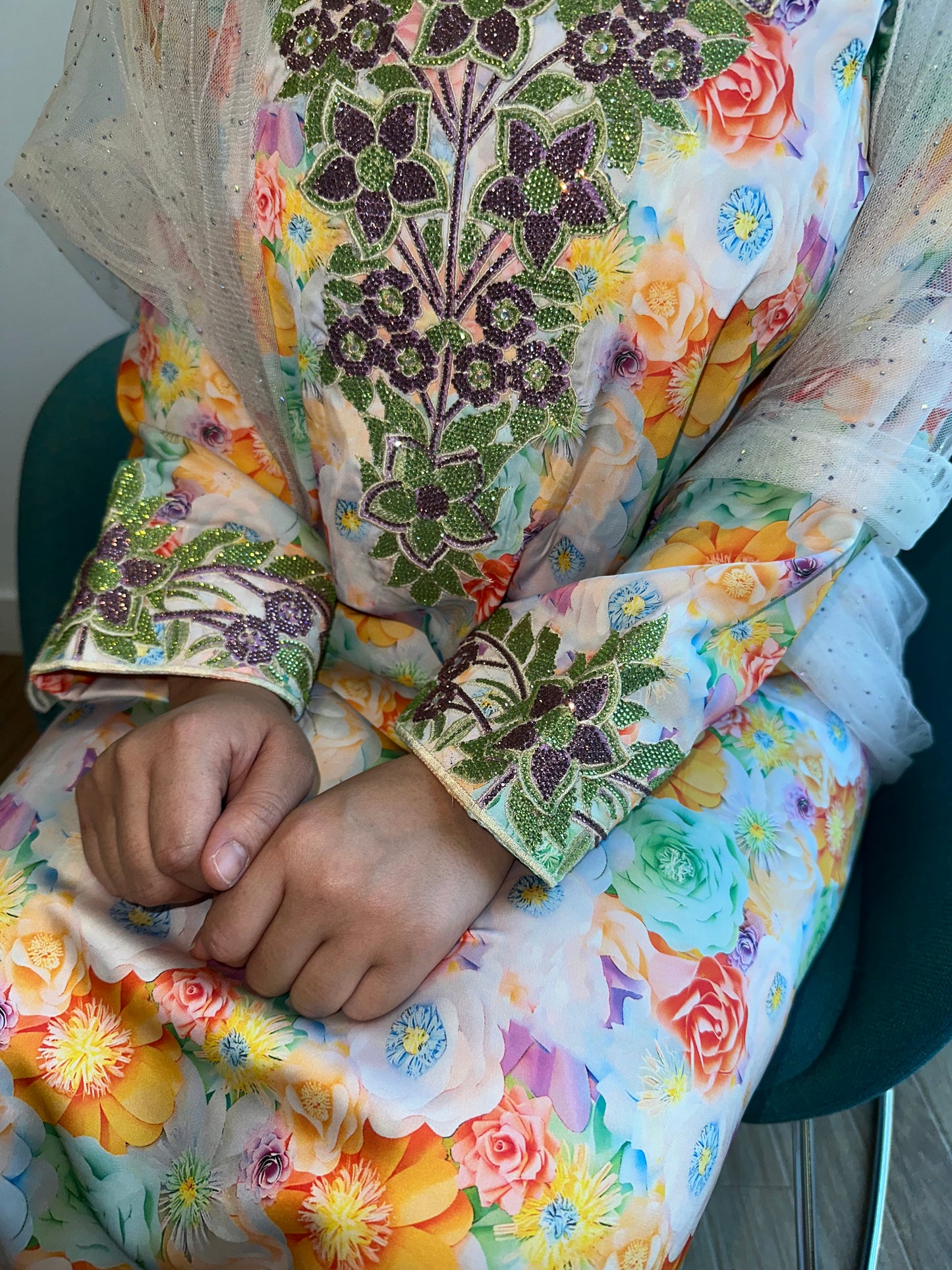 Orange flowers pure silk mkhawar 3D