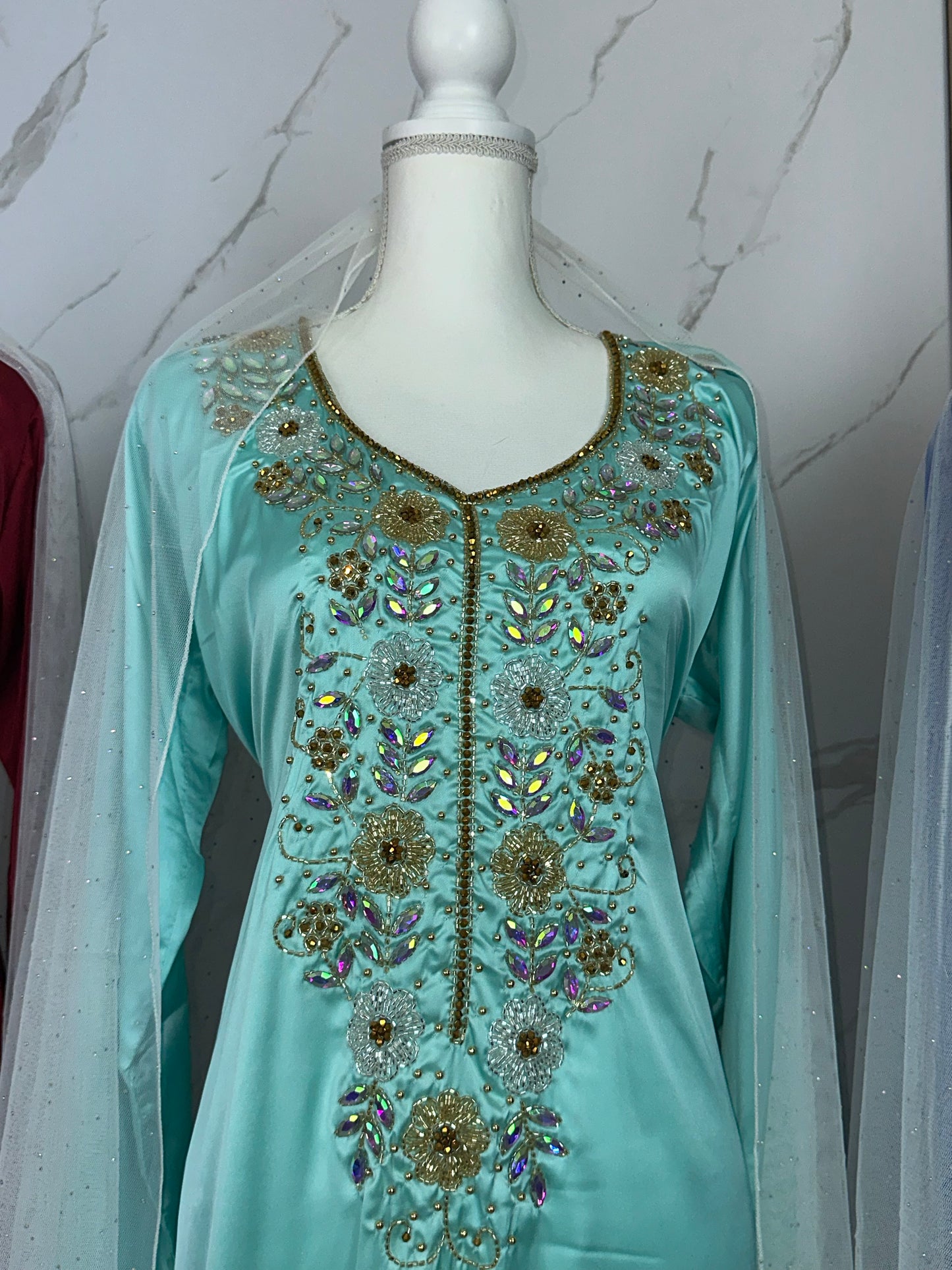 Teal color mkhawar handmade work wit creamy Sheila