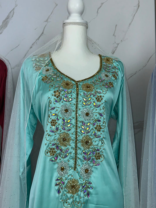 Teal color mkhawar handmade work wit creamy Sheila