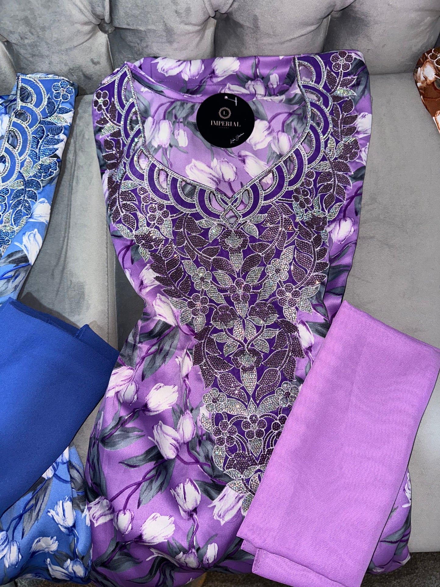 Purple, green, blue and brown readymade mkhawars with matching Shiela hijab