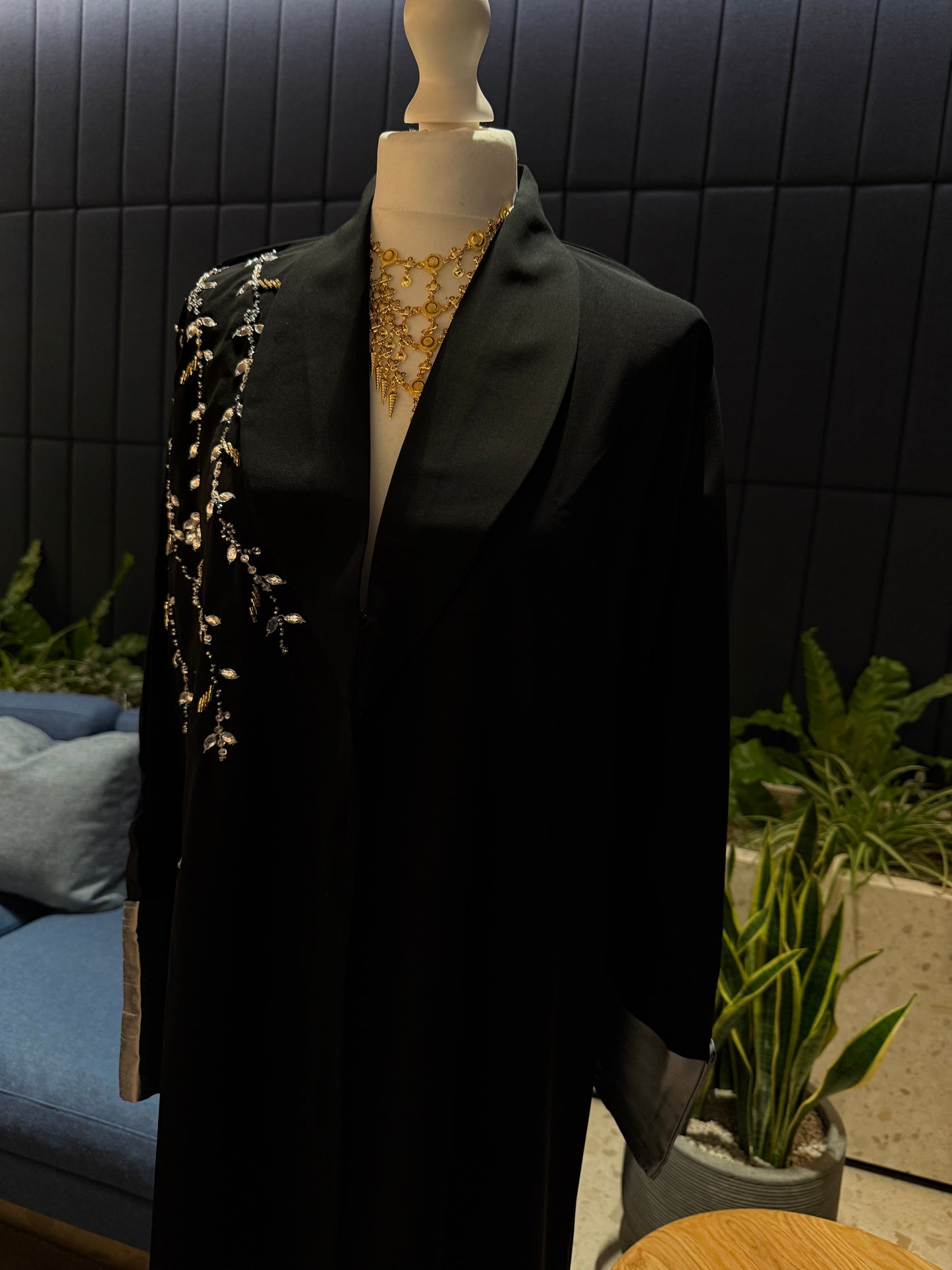 Black and silver simple abaya, handmade work details with hijab included