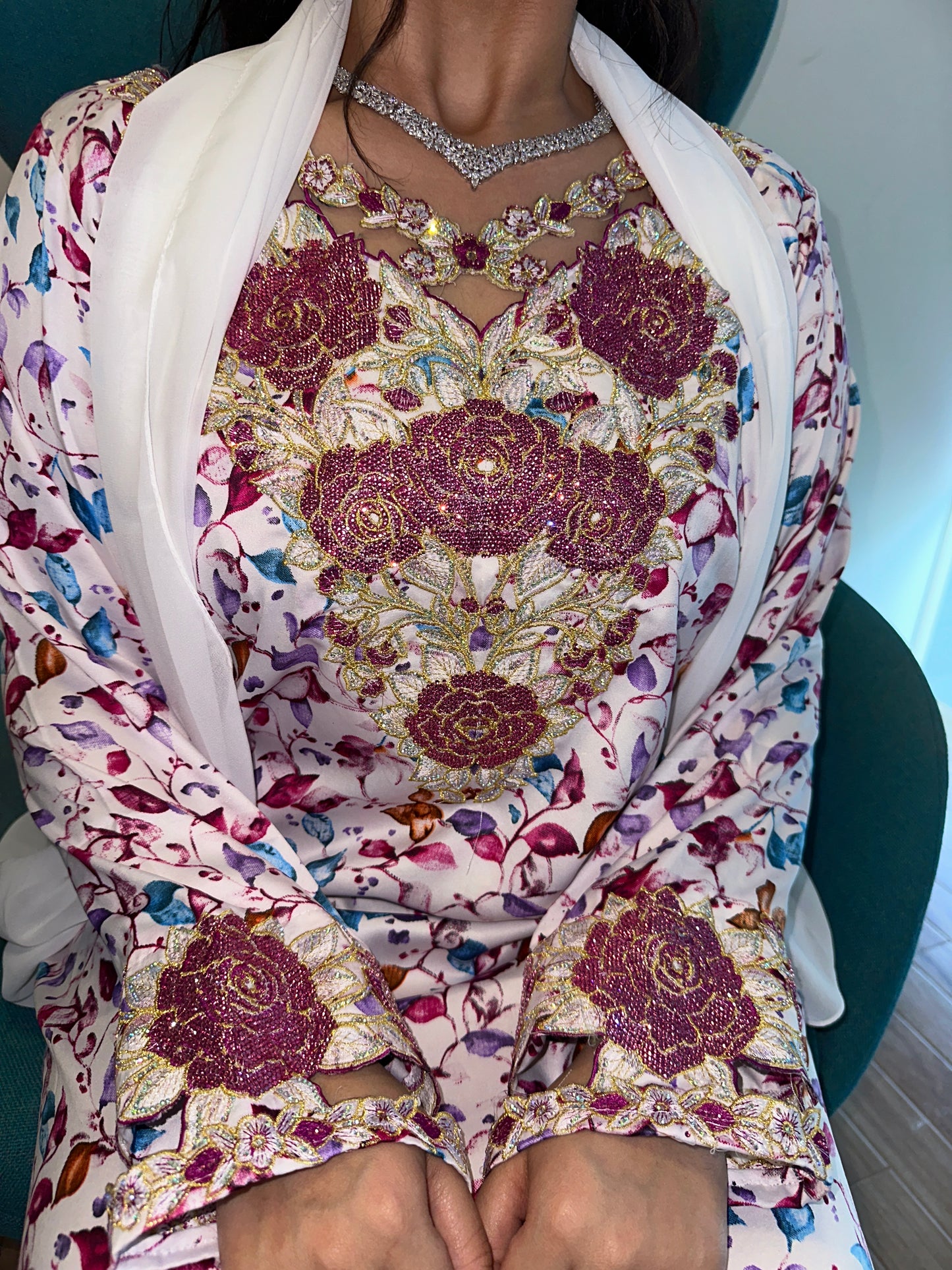 White and pink mkhawar with matching Shiela