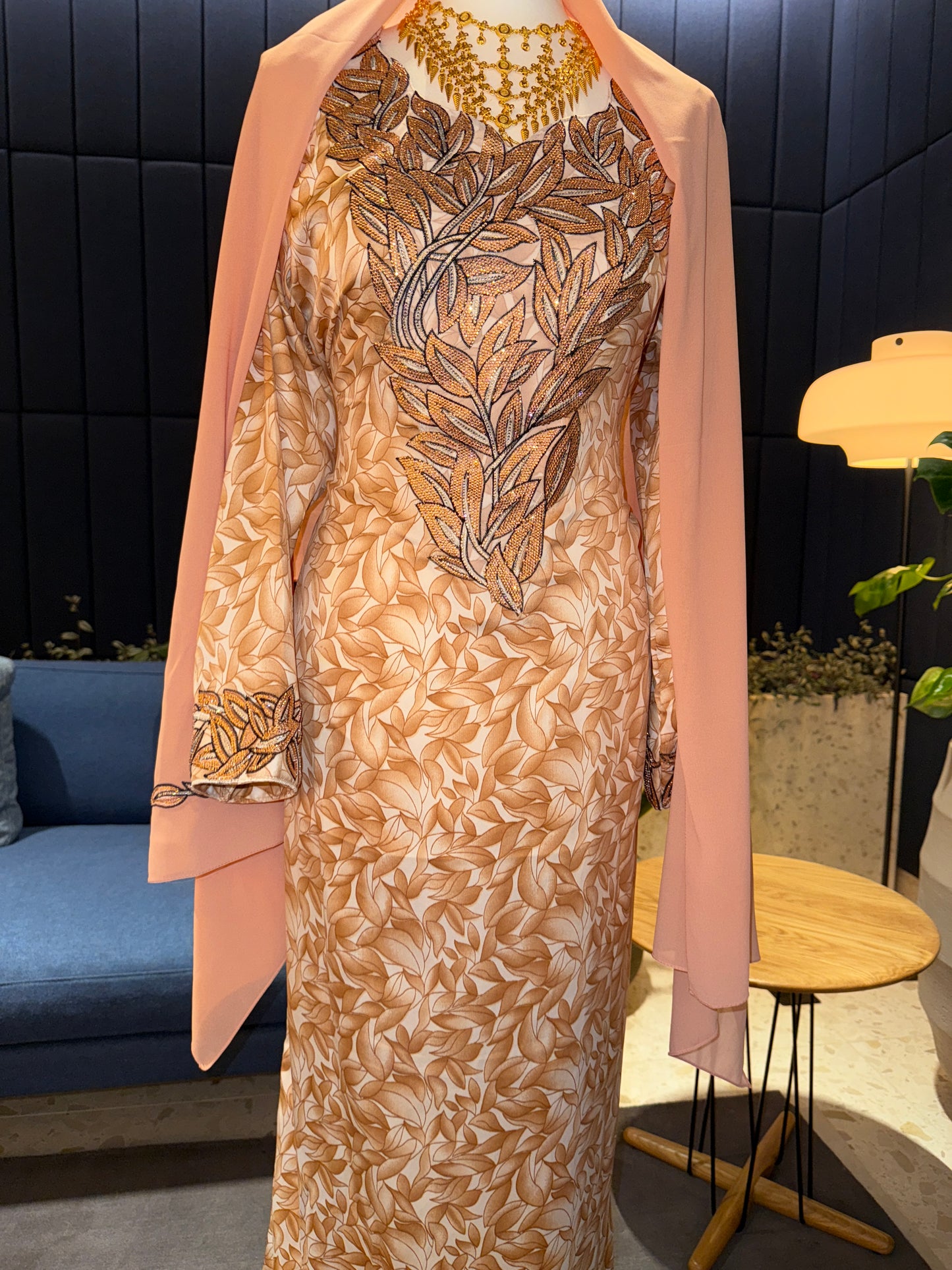 Peach mukhawar with hijab and corset back