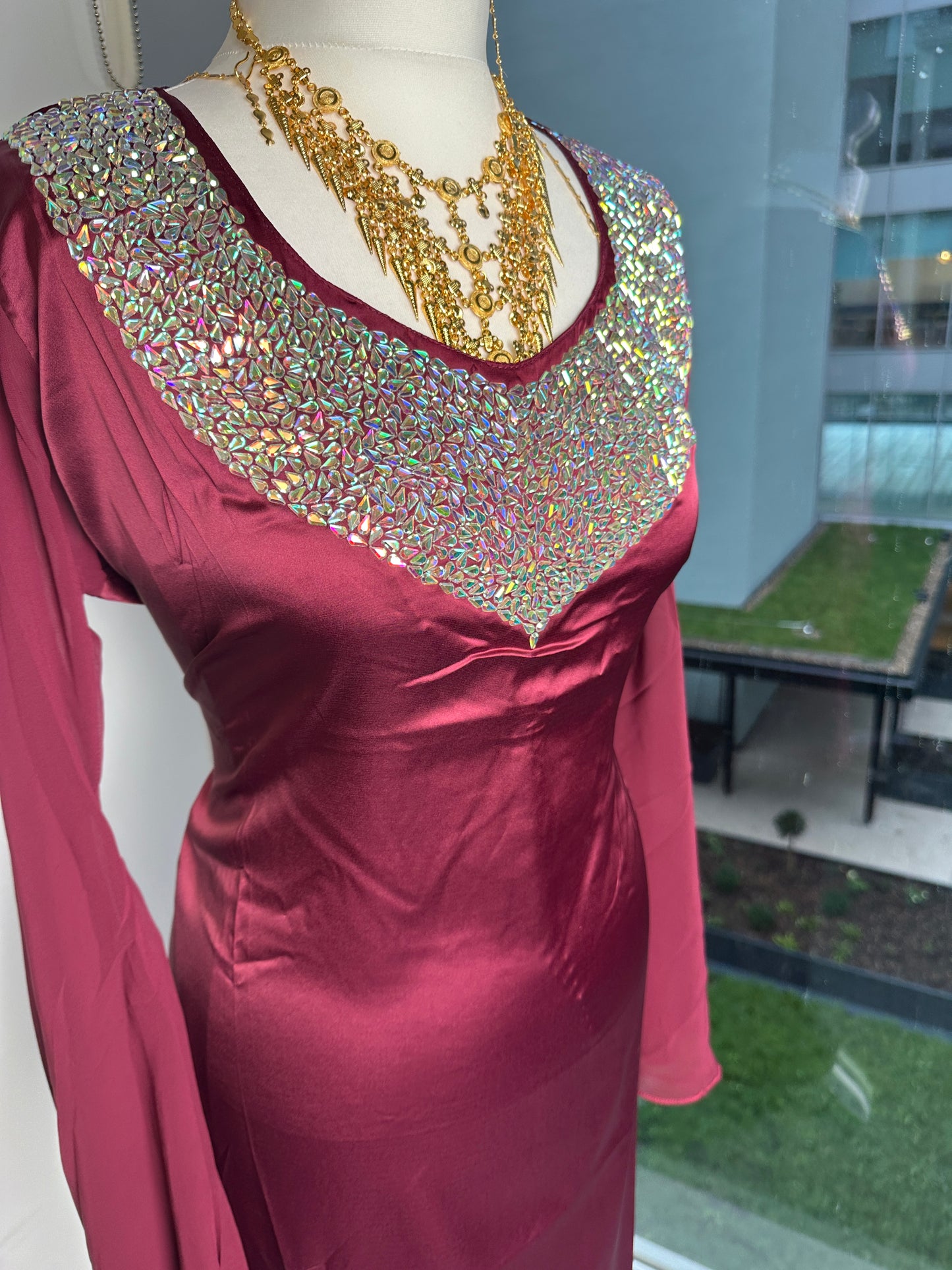 Ruby red low cut silk dress with chiffon sleeves with pockets