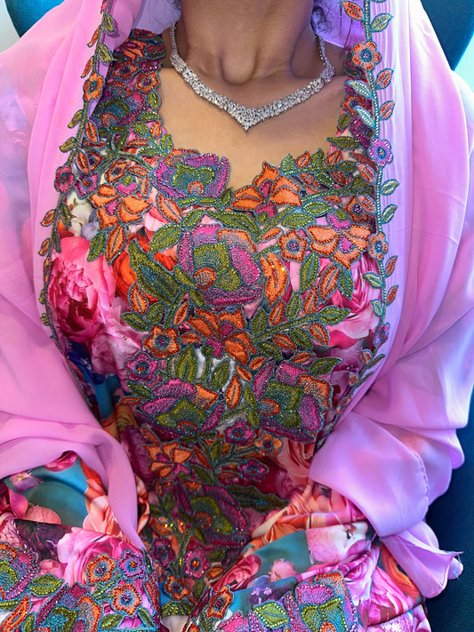 Pink mkhawar with matching big Shiela pure silk with back corset