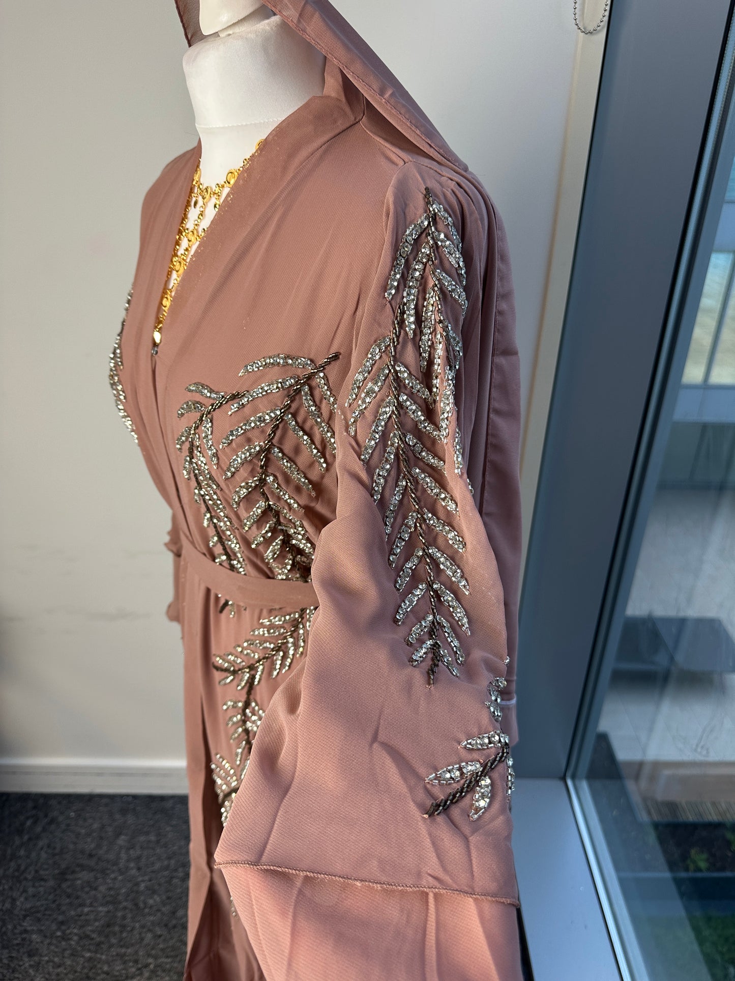 Mauve double chiffon abaya with belt and matching Sheila