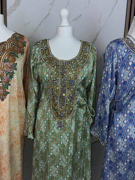 Green mkhawar pure silk corset at both sides