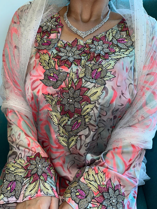 Pink and grey pure silk 3D mkhawar