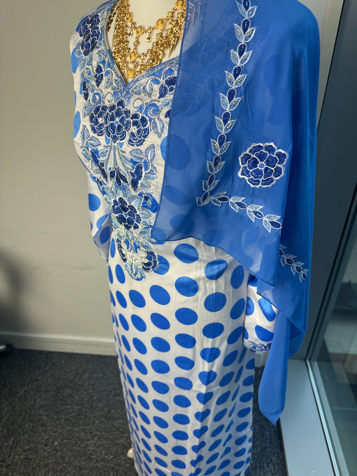 Blue polka dot Mukhawar with matching Sheila