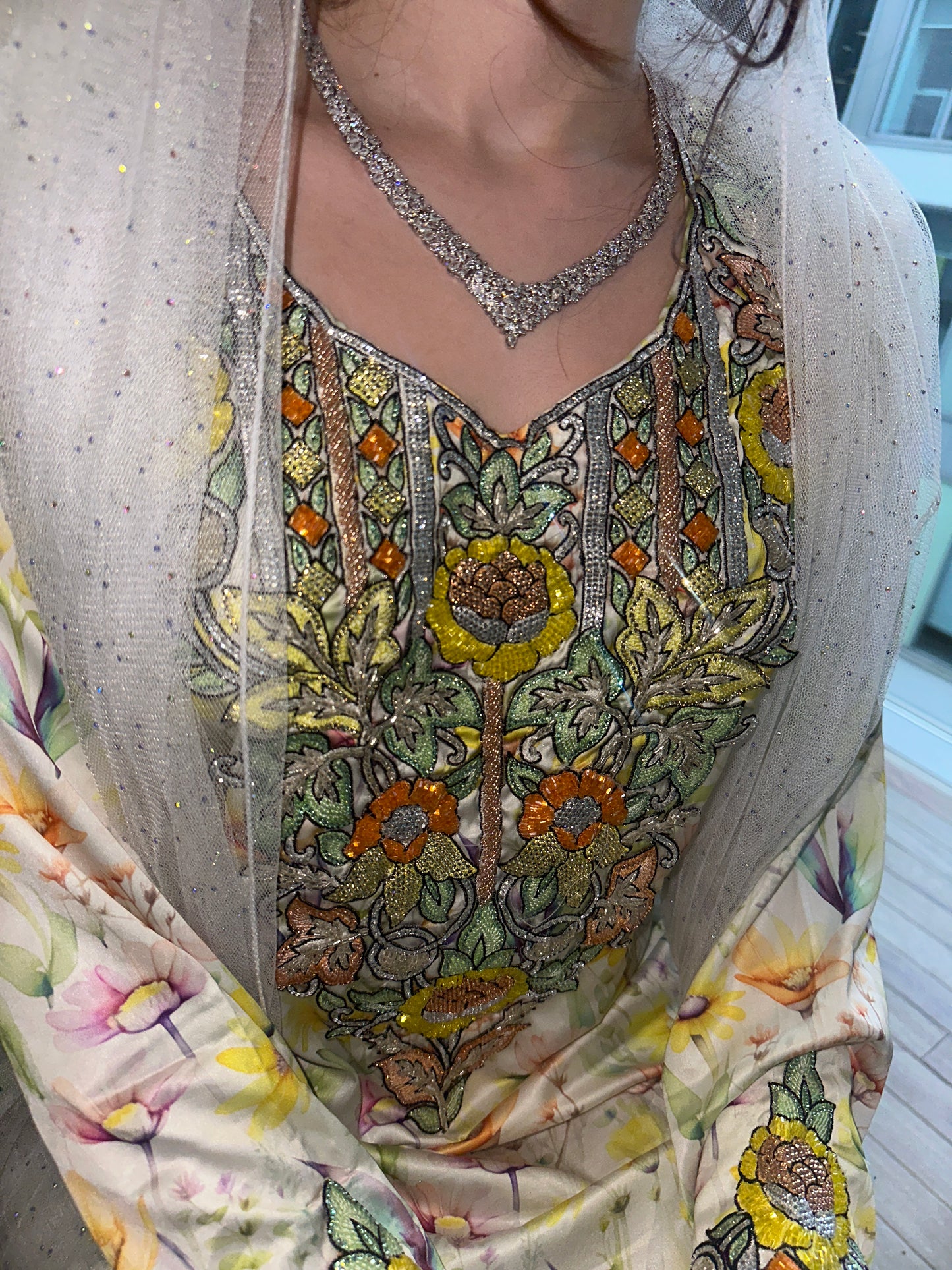 Yellow floral beaded pure silk mkhawar with back corset