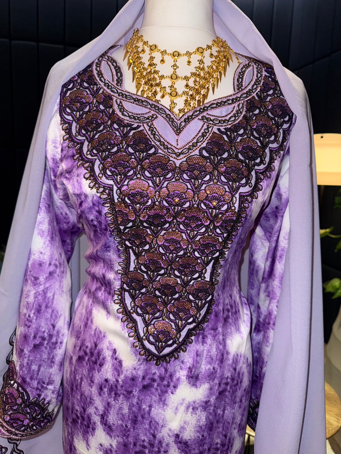 Purple mukhawar with hijab and back corset