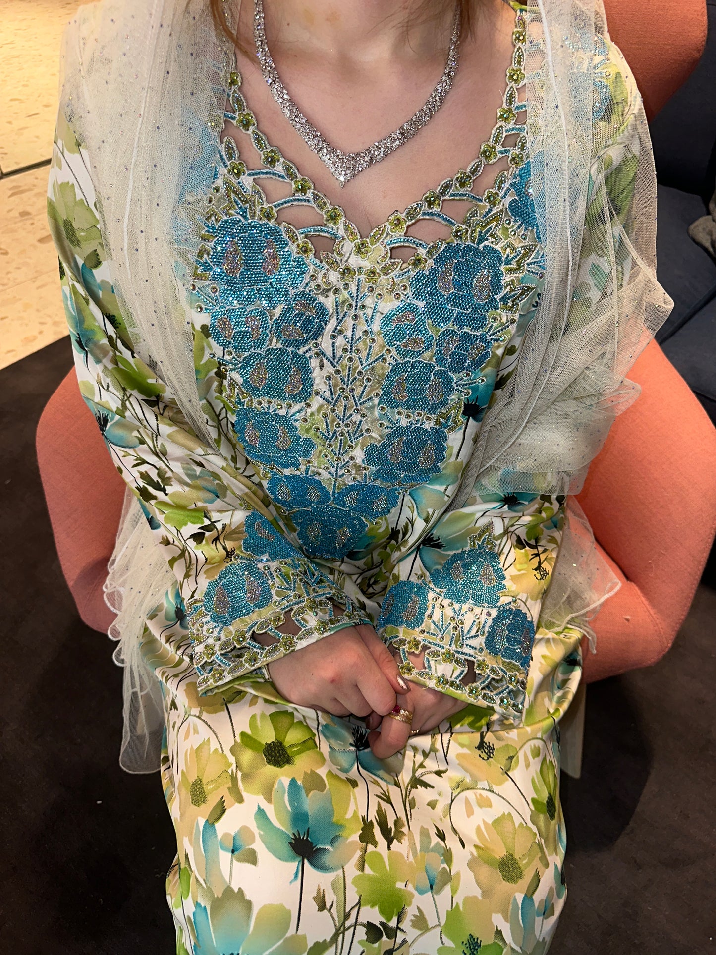 Pink, green. Turquoise and orange mukhawar
