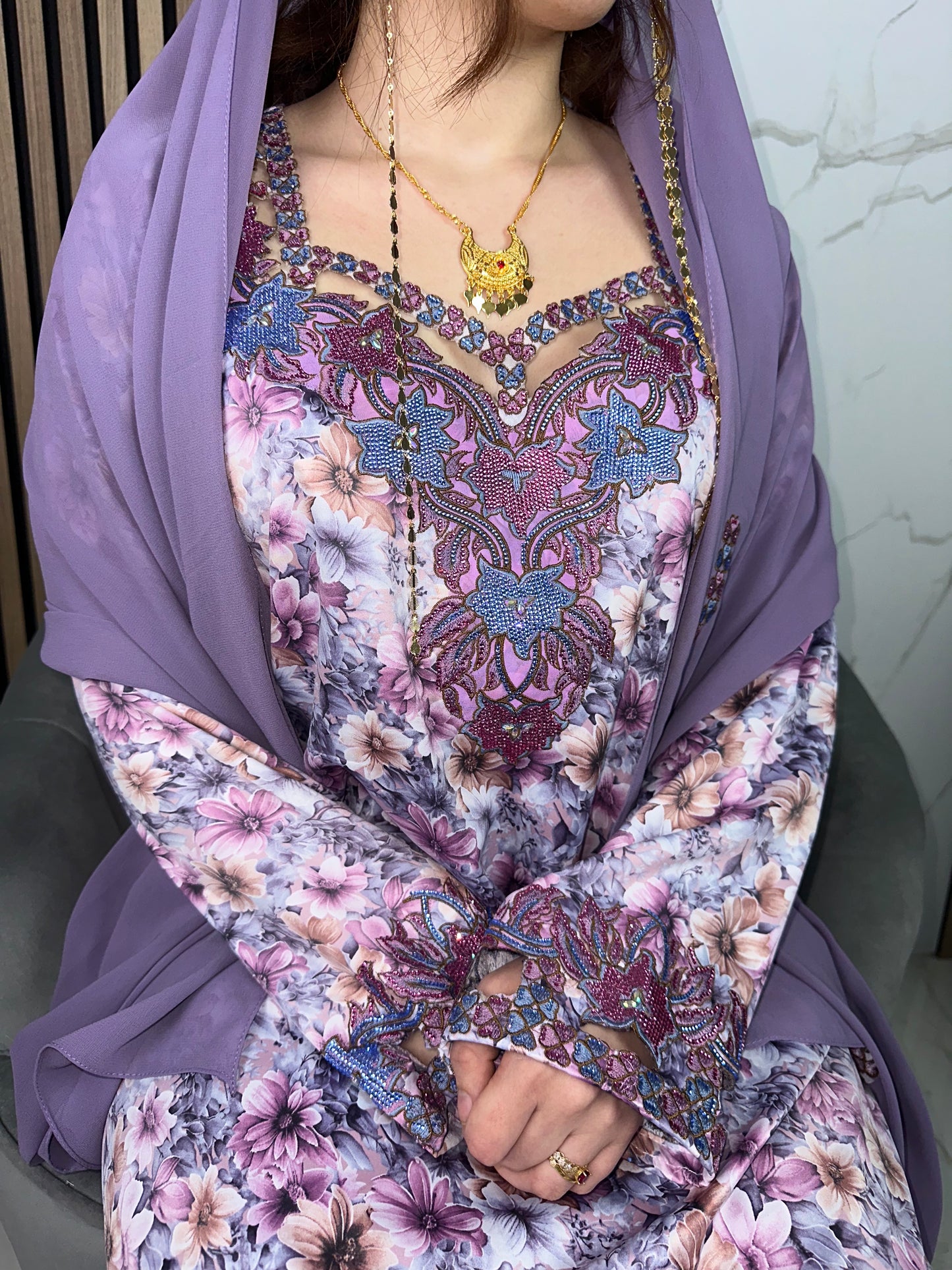 Purple and pink mkhawar with matching Shiela and back corset