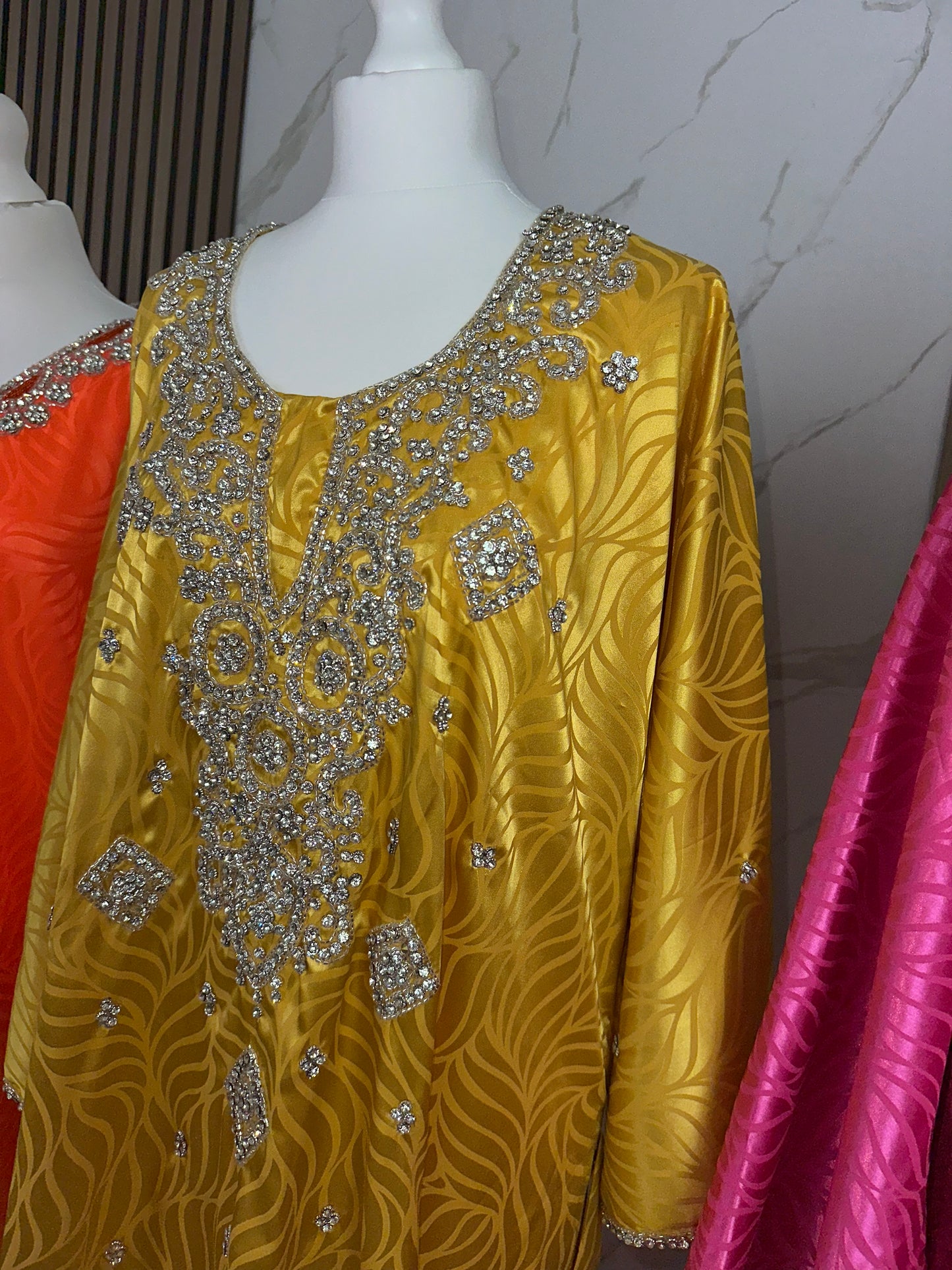 Mustard yellow mkhawar large sleeves handmade work