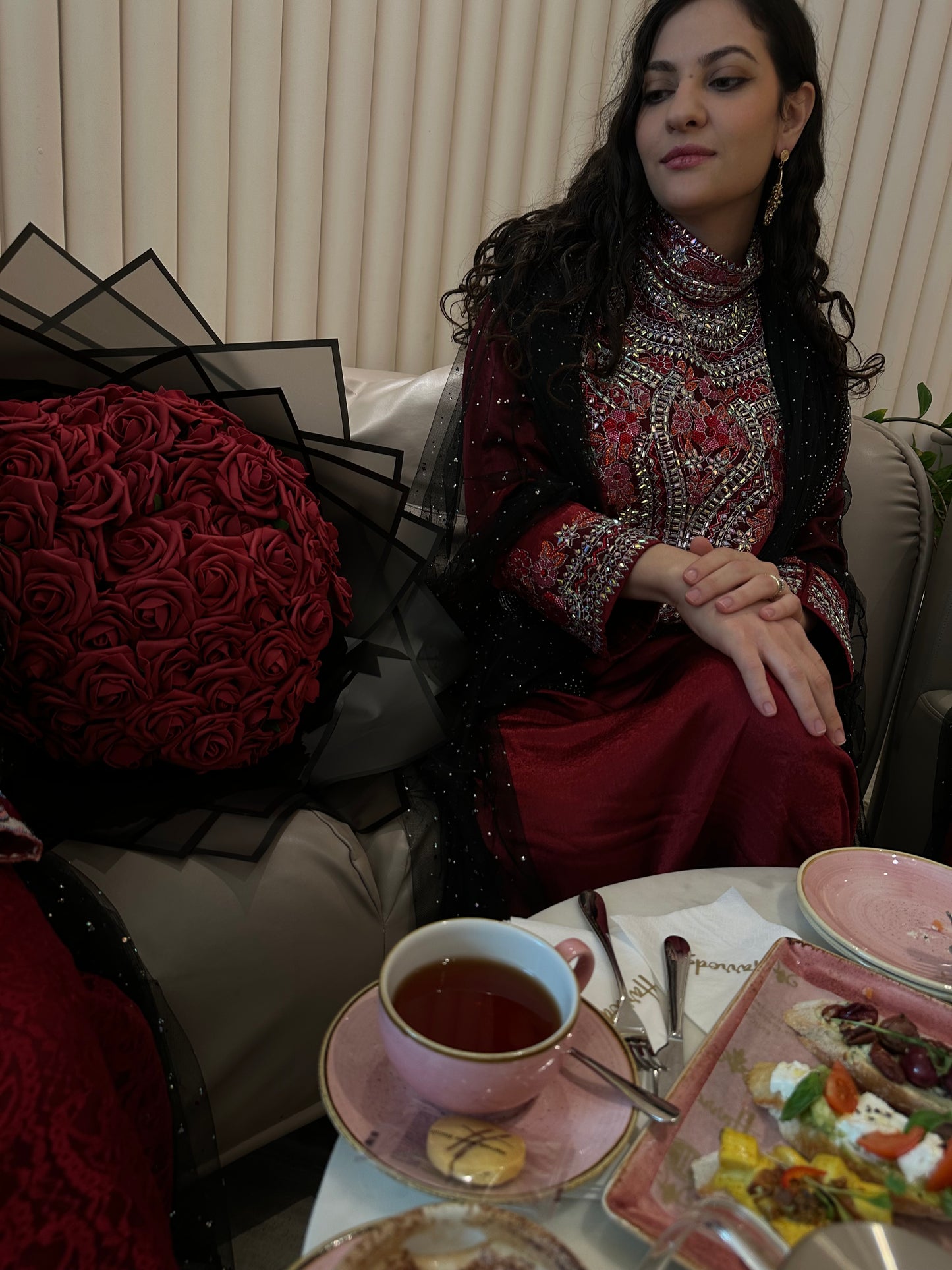 Burgundy height neck mkhawar with corset