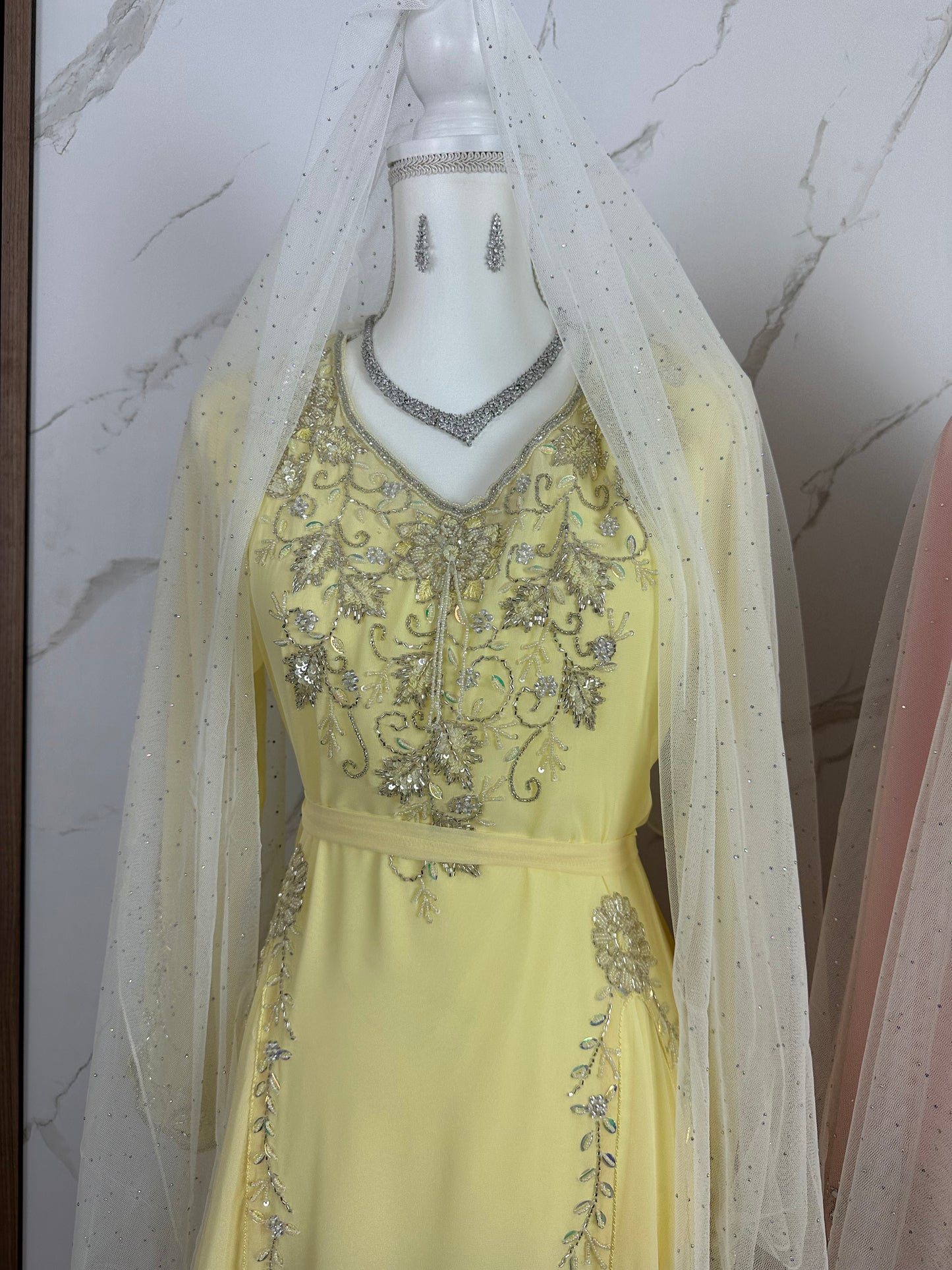 Yellow caftan dress fully handmade work with two kasarat