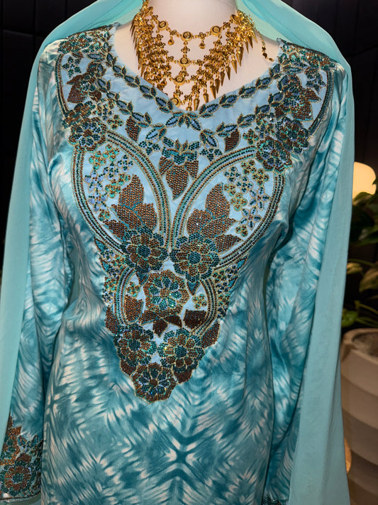 Turquoise mukhawar with hijab and back corset