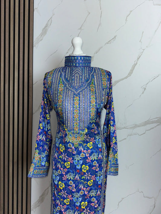 Blue high neck mkhawar premium silk