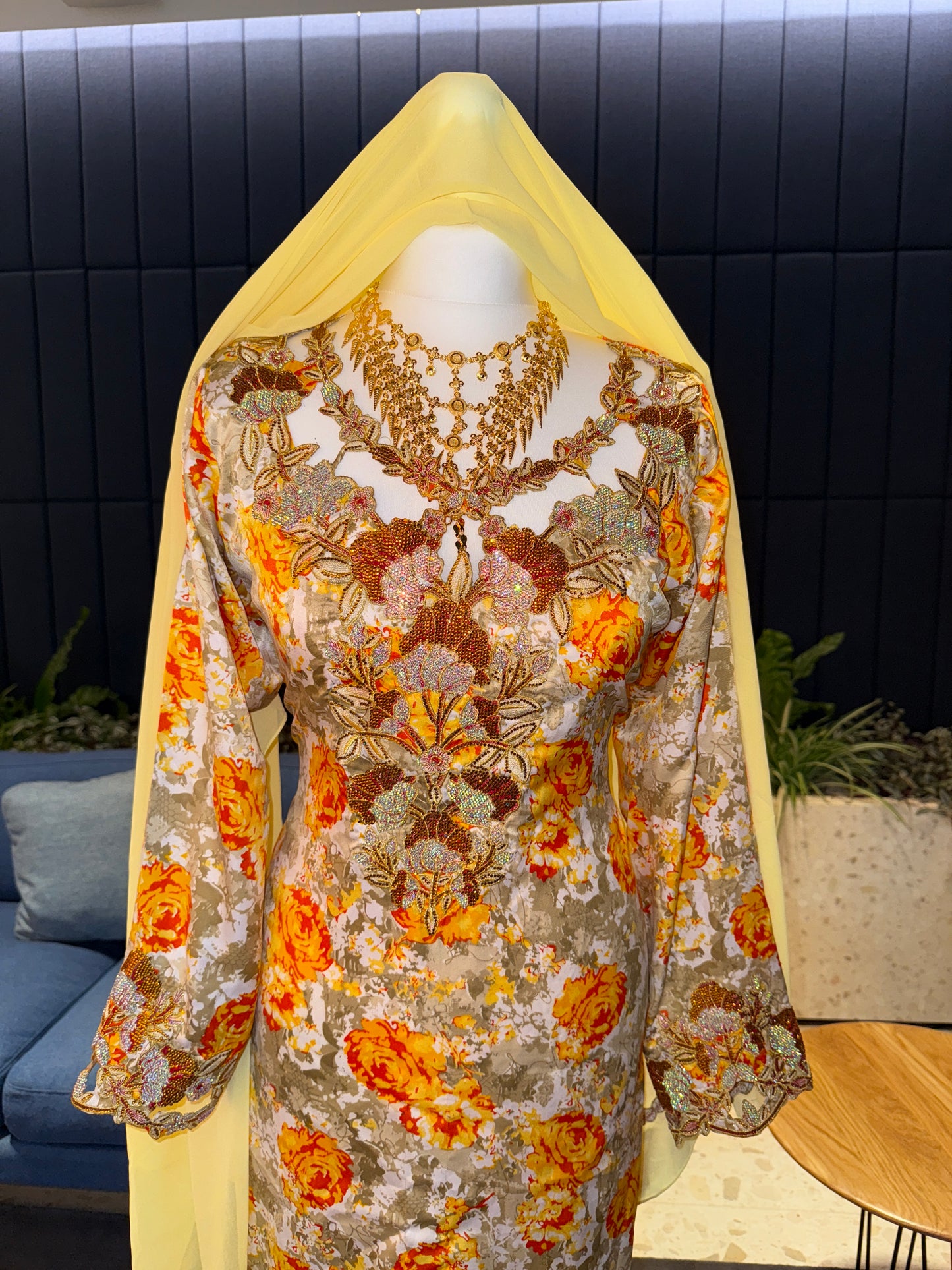 Orange and yellow mkhawar with matching Sheila hijab