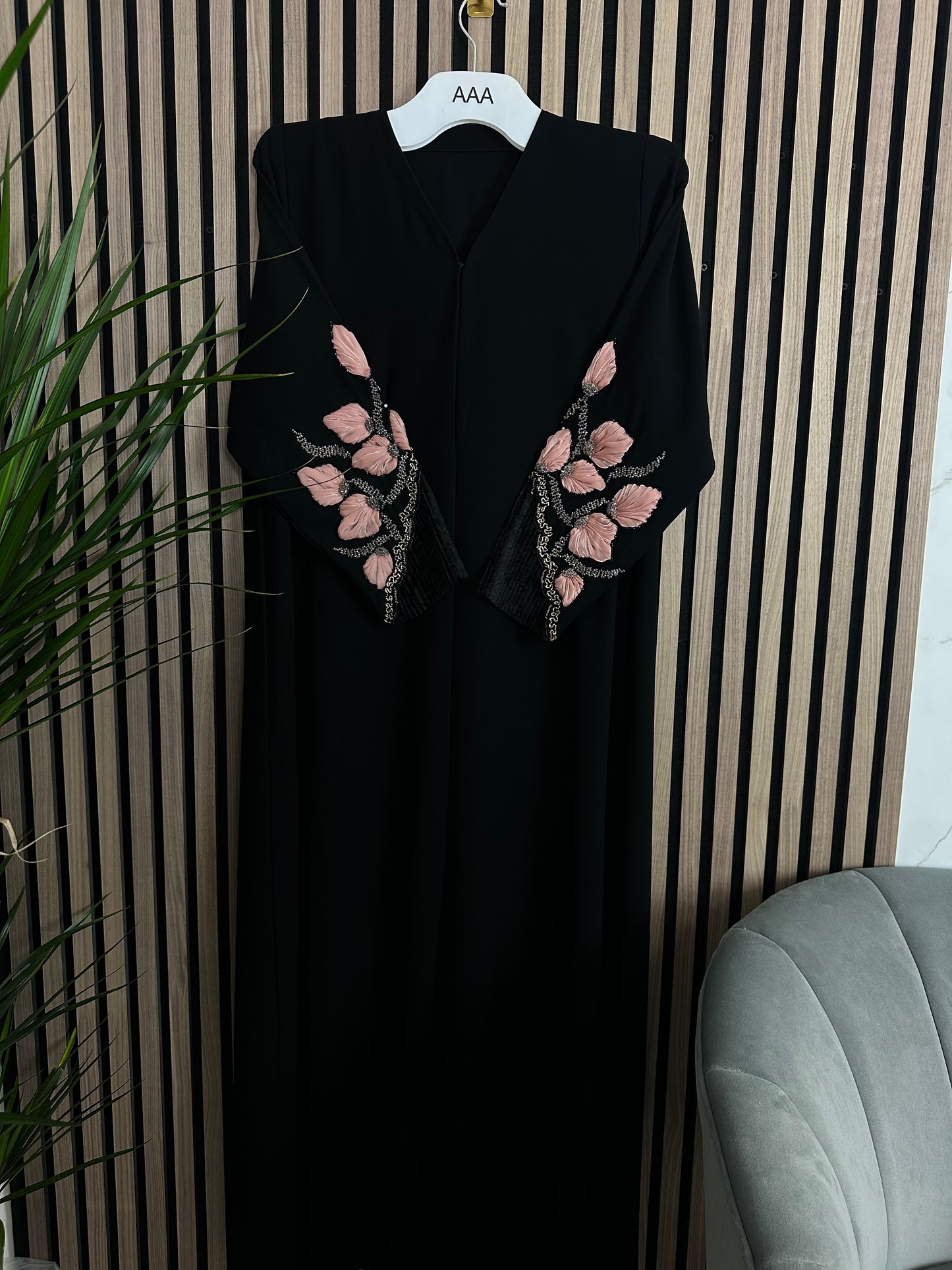 Black abaya with matching Shiela with handmade work on the sleeves