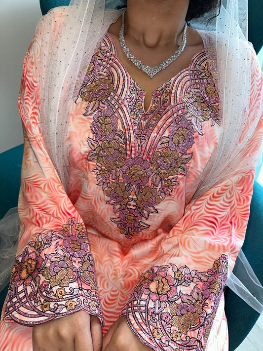 Salmone color mkhawar pure silk with corset back
