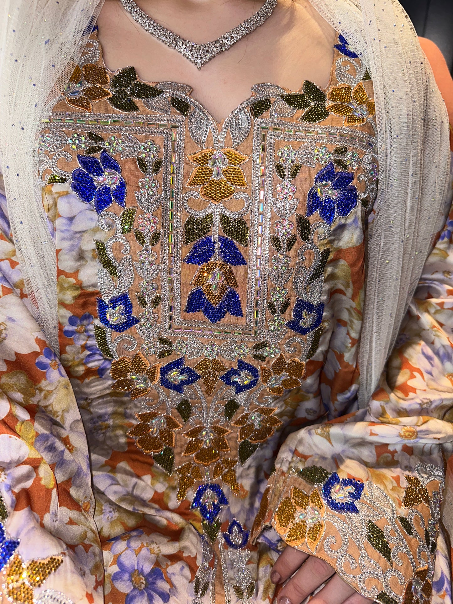 Cream Laila pure silk mkhwar with corset back and hachiyah with white chiffon Sheila