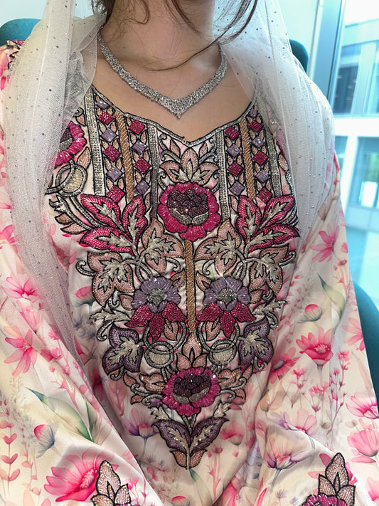 Pink floral beaded pure silk mkhawar, with corset back