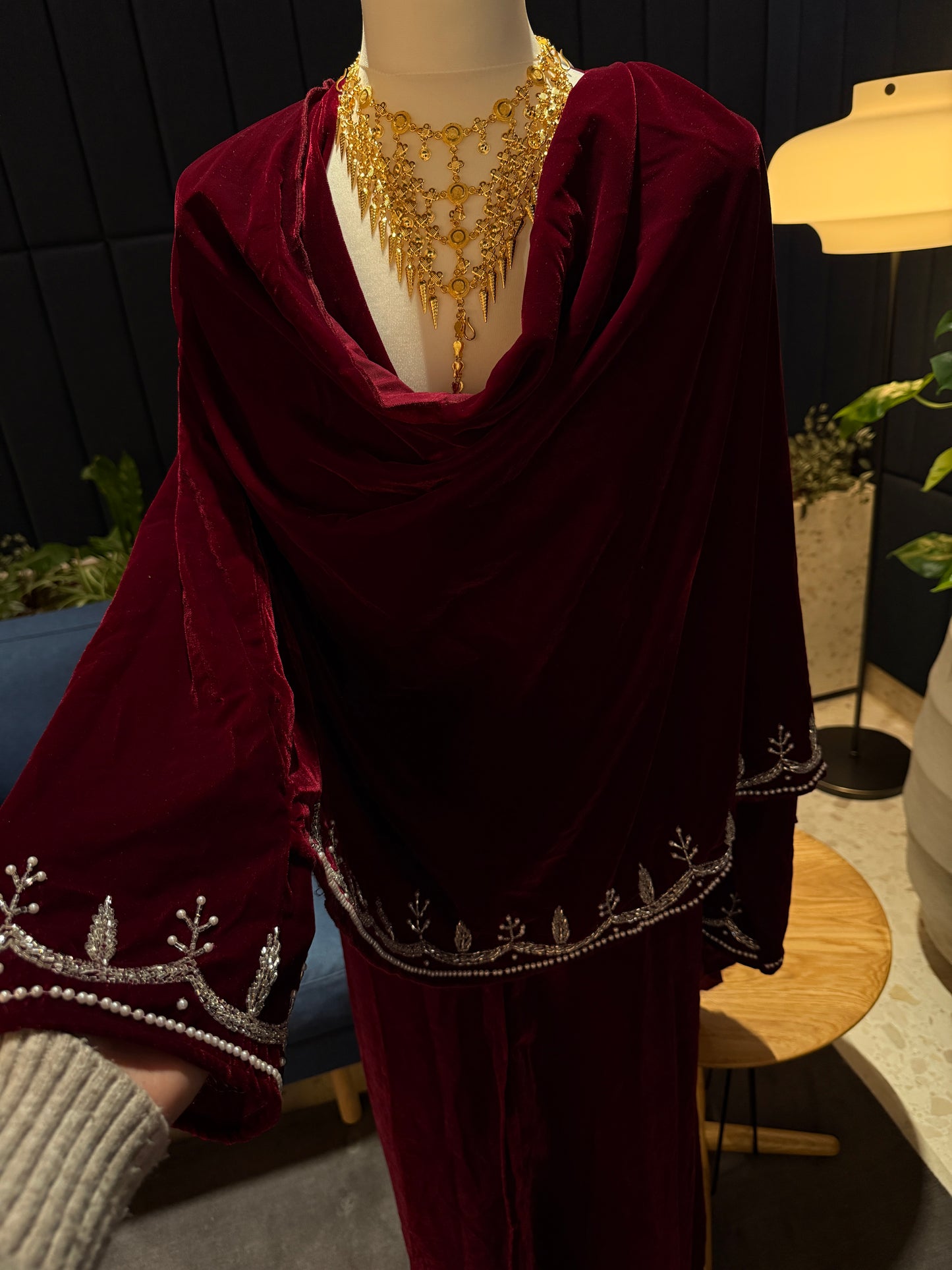 Burgundy Velvet abaya with scarf and handmade work