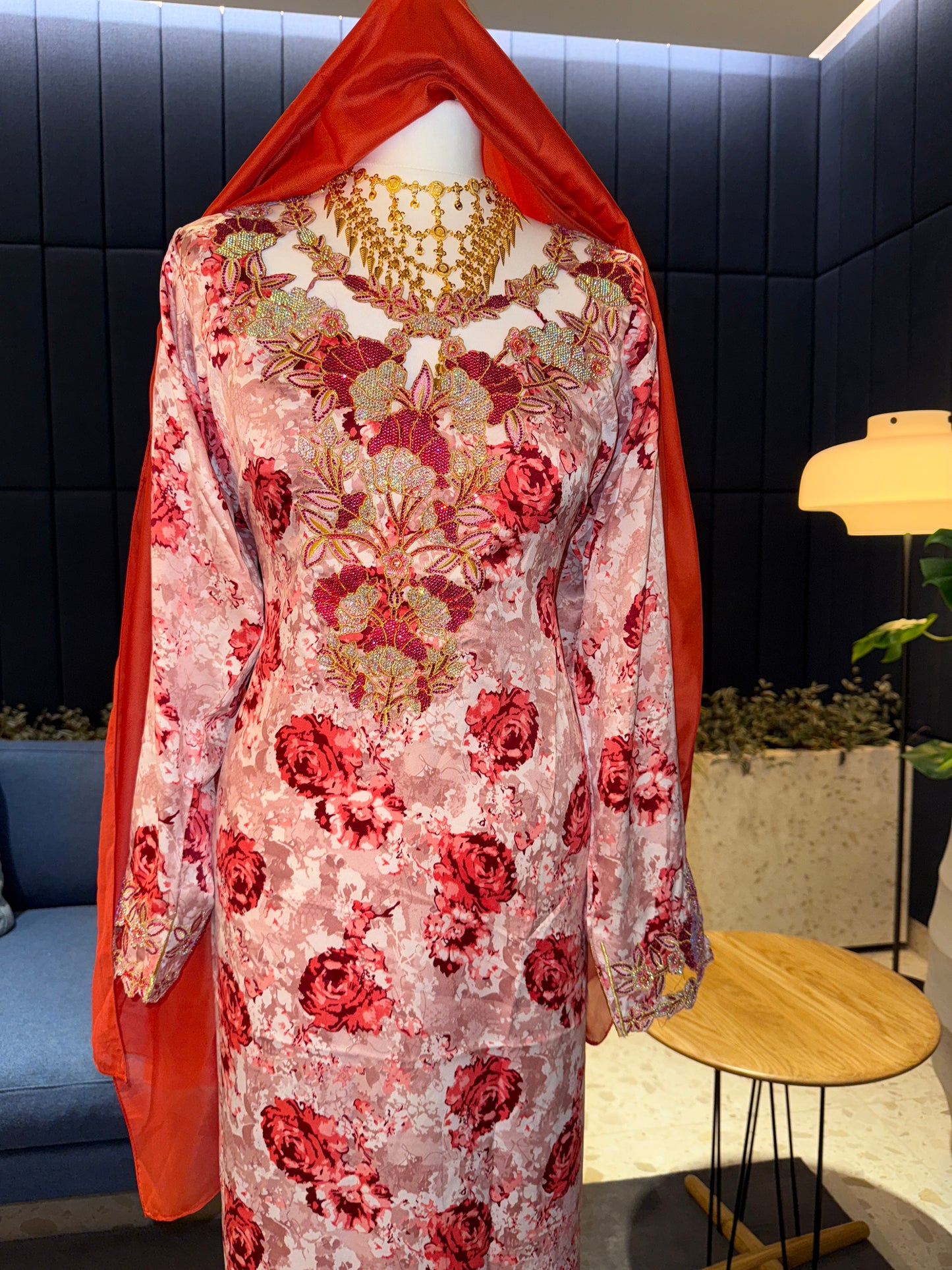 Red and pink mkhawar with matching Shiela hijab