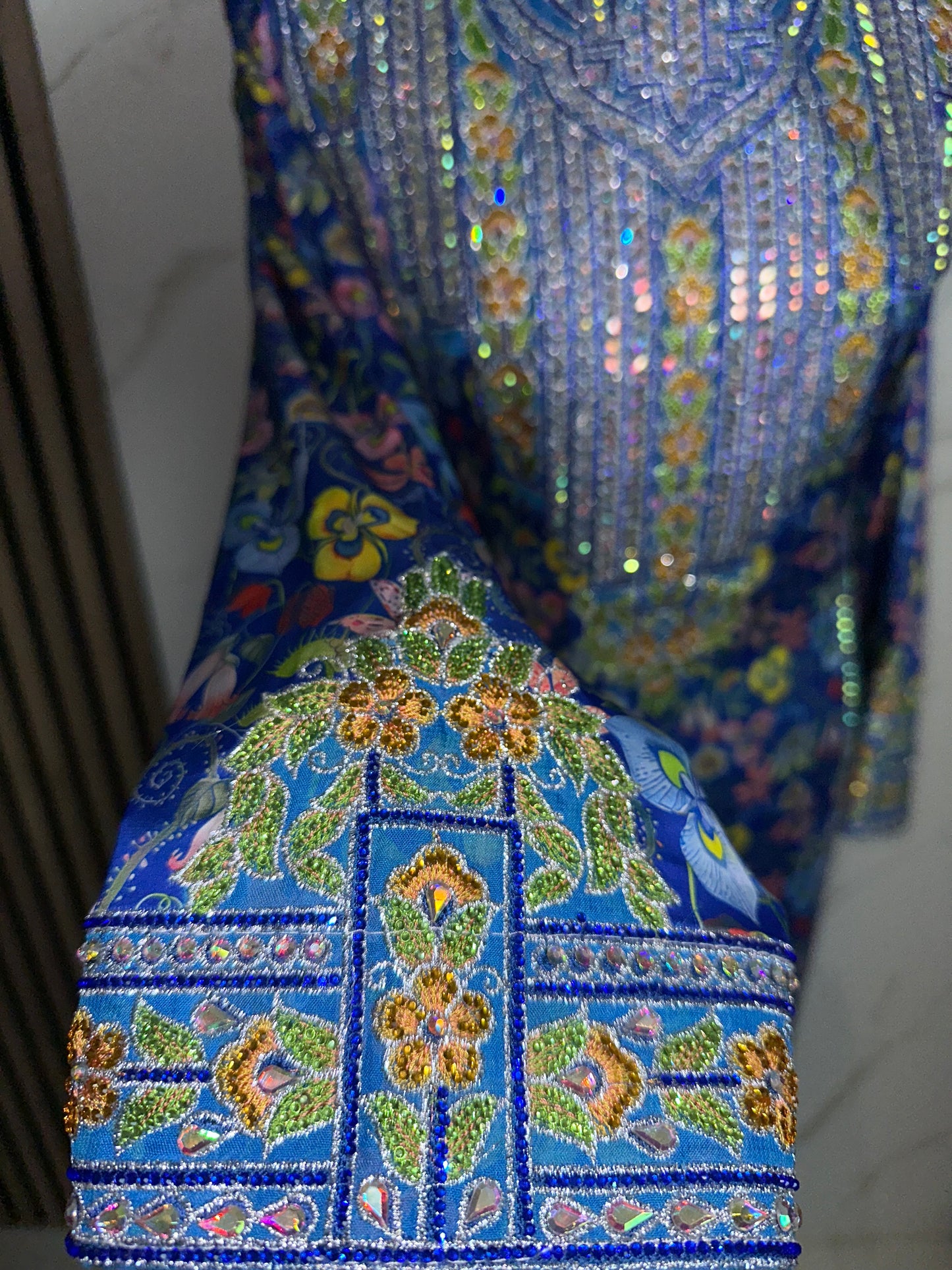 Blue high neck mkhawar premium silk