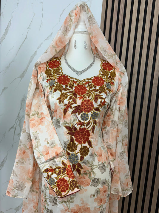 Orange and white mukhawar with matching Sheila and Arabic sleeves