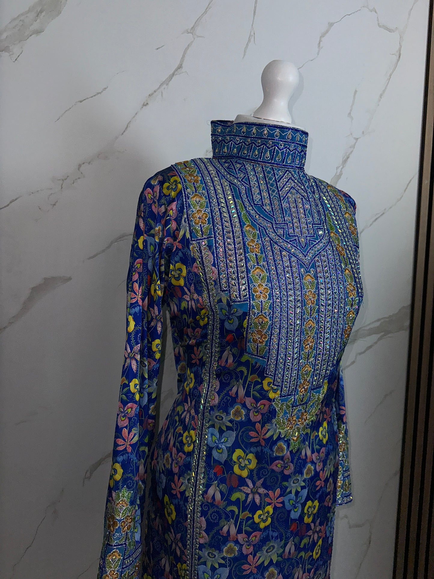 Blue high neck mkhawar premium silk