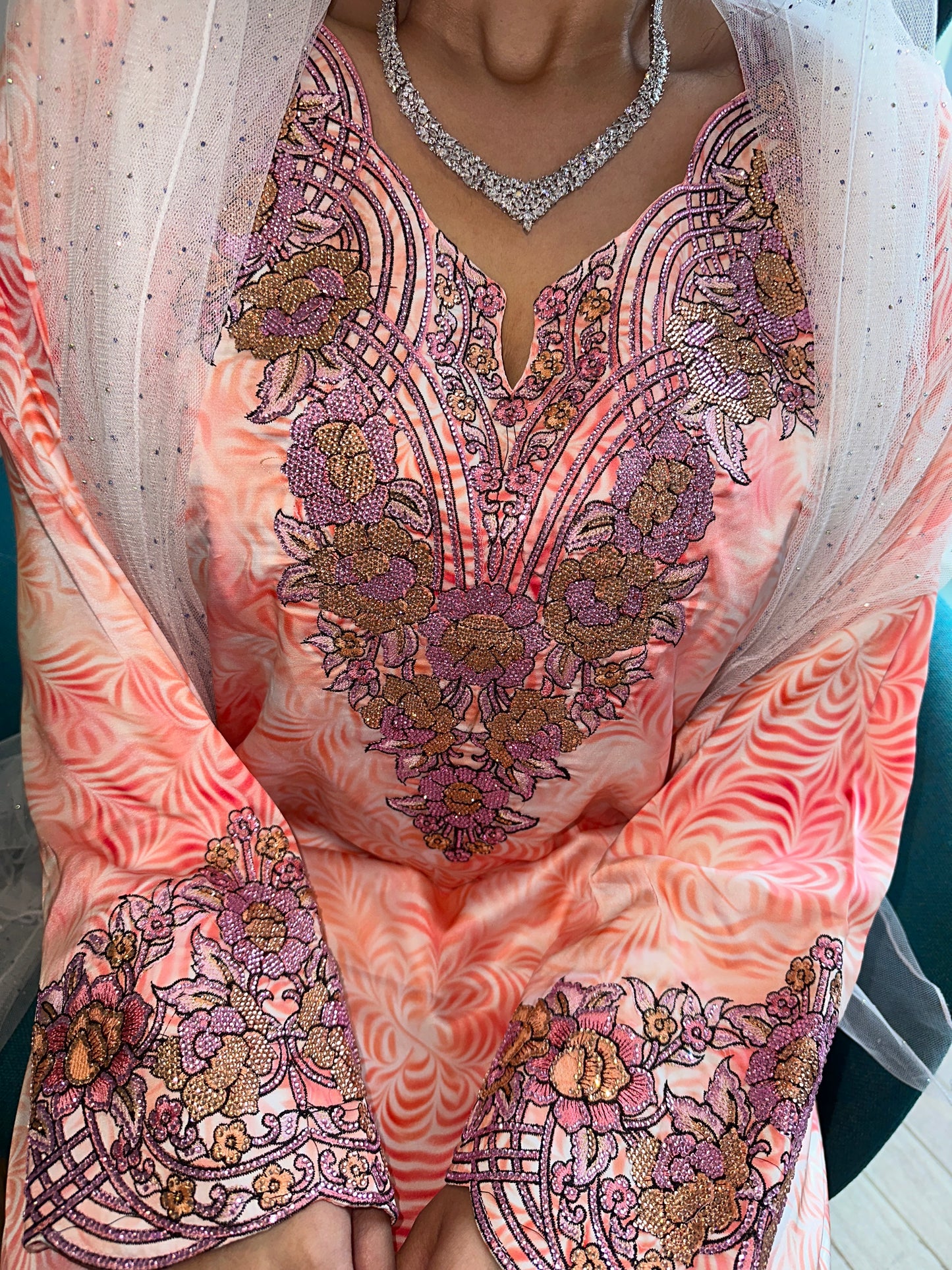Salmone color mkhawar pure silk with corset back