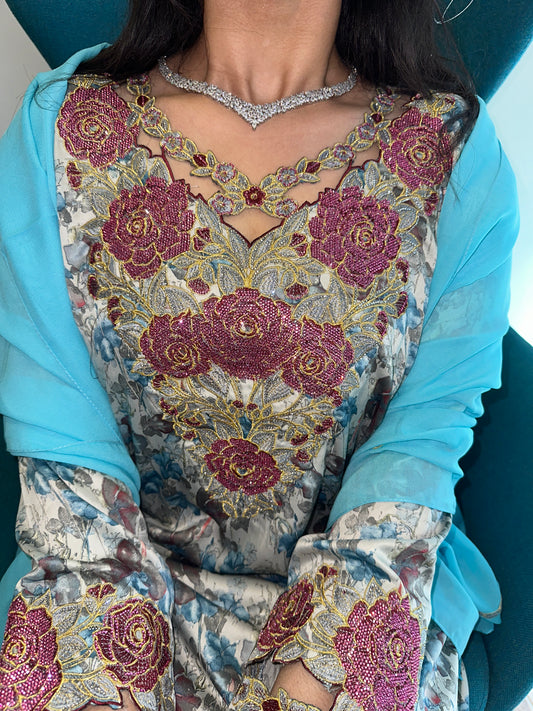Blue mkhawar with matching Shiela