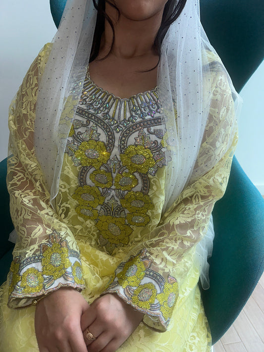 Light Yellow lace mkhawar