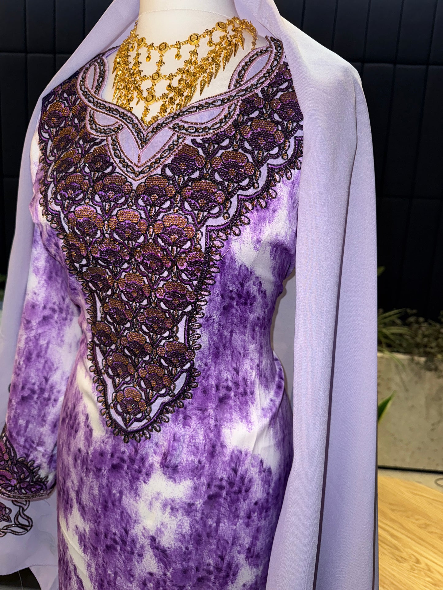 Purple mukhawar with hijab and back corset