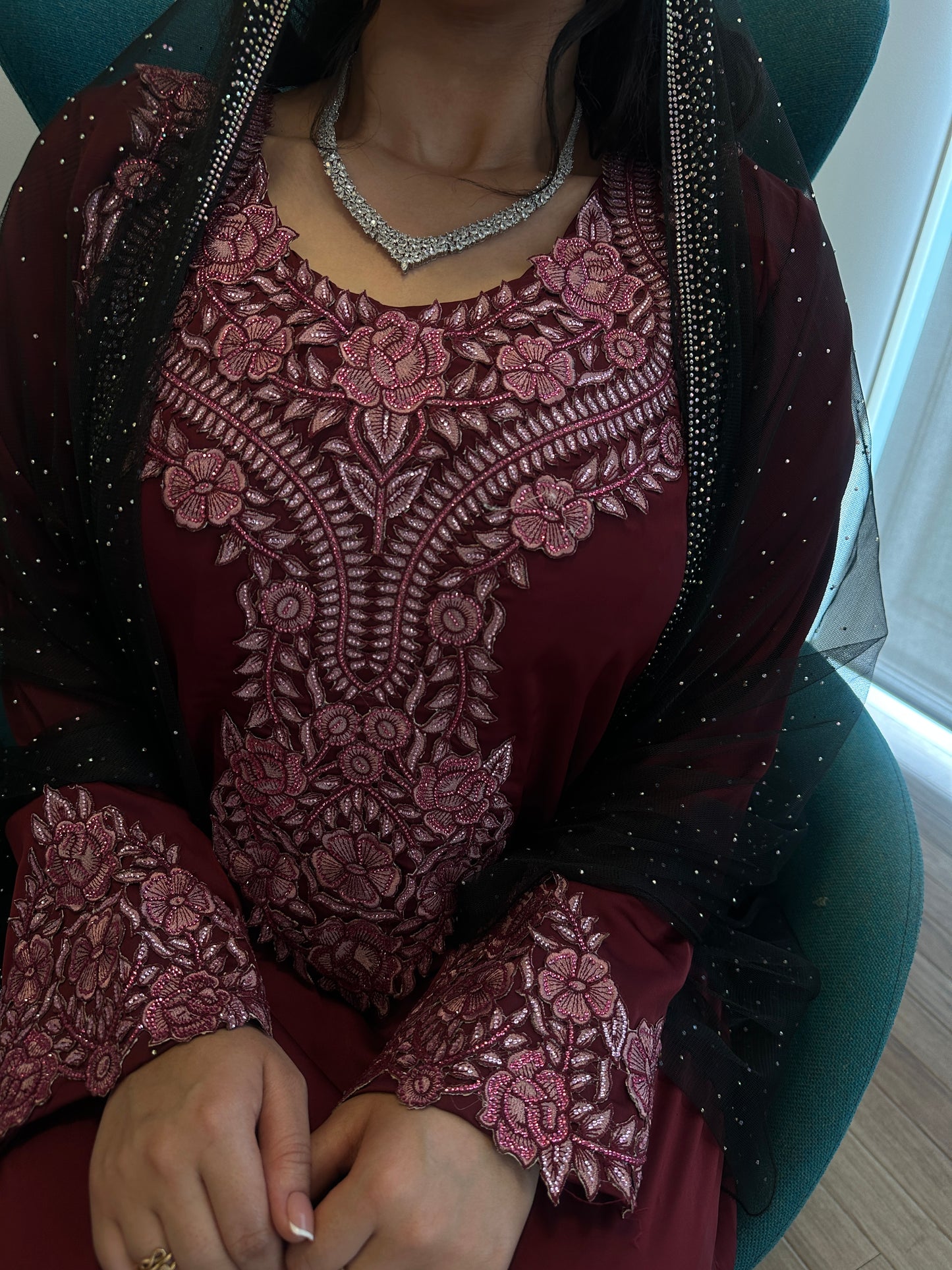 Burgundy silk mkhawar
