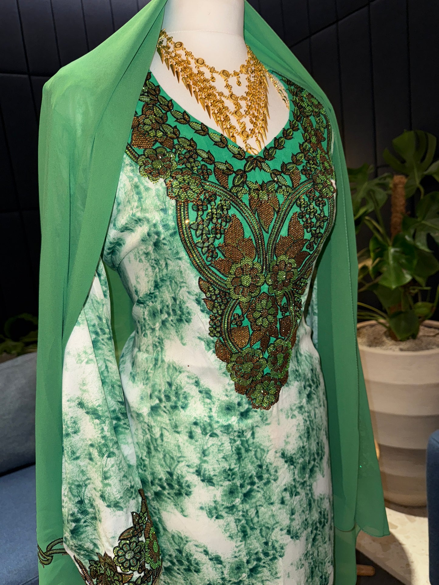 Green mukhawar with hijab and corset back