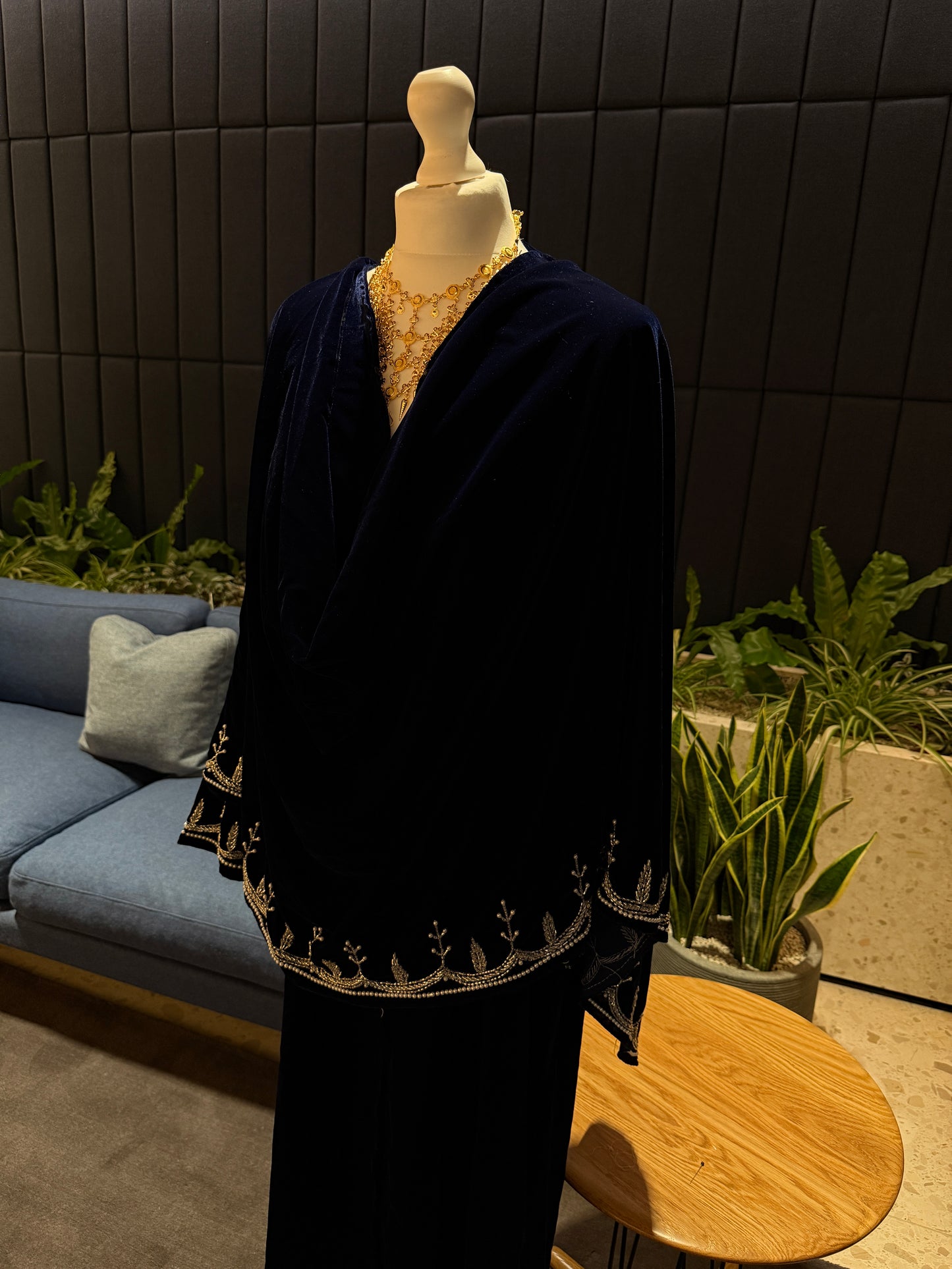 Dark blue Velvet abaya, handmade with attached scarf