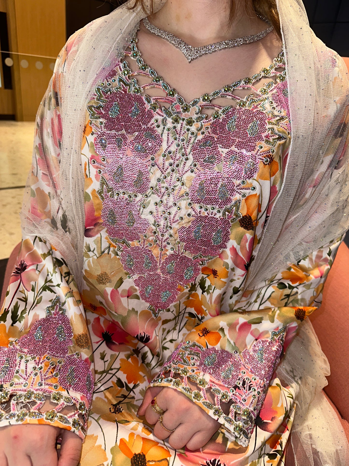 Pink, green. Turquoise and orange mukhawar