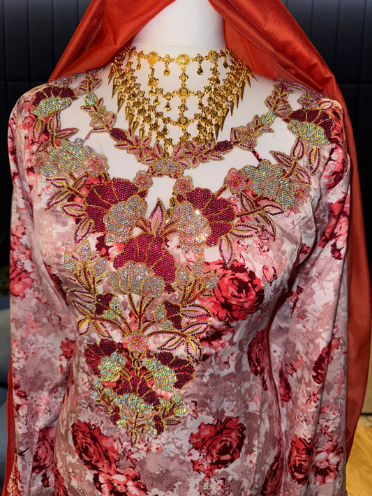 Red and pink mkhawar with matching Shiela hijab