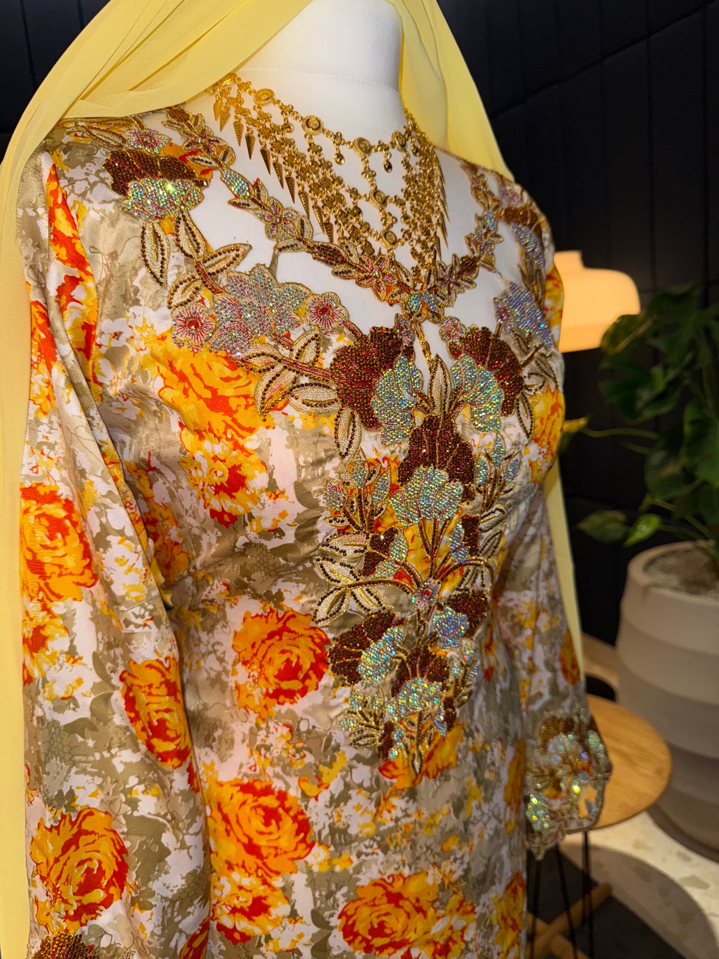 Orange and yellow mkhawar with matching Sheila hijab